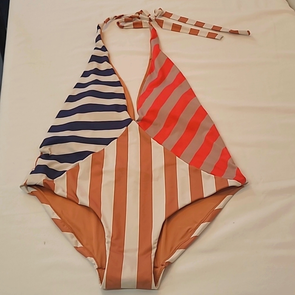 Zara Striped Halter Swimsuit Tan Red Blue V Neckline Sz. Large NWT